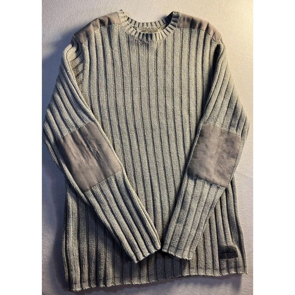 Flyshacker Sweater Men LARGE Wool Blend Pullover Elbow Patches Beige Yellowstone